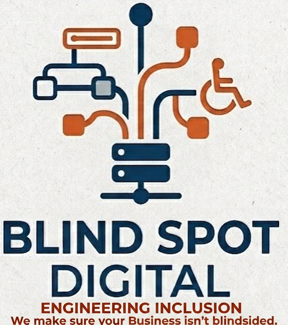 Blind Spot Digital company logo. On the far left, a dark navy blue server rack serves as a foundational base. Branching upwards from the rack and expanding across the center and right side of the image is a digital Accessibility Tree formed by interconnected circuitry lines in navy blue and terracotta orange. The furthest right branch seamlessly transforms into a minimalist wheelchair accessibility symbol. Centered below the entire graphic, bold text reads BLIND SPOT DIGITAL in navy blue, sitting above the tagline ENGINEERING INCLUSION in terracotta orange.