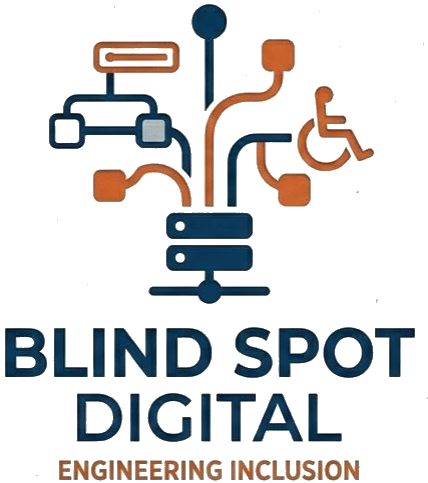 Blind Spot Digital Logo: An accessibility tree with server stack roots branching into accessibility symbols.